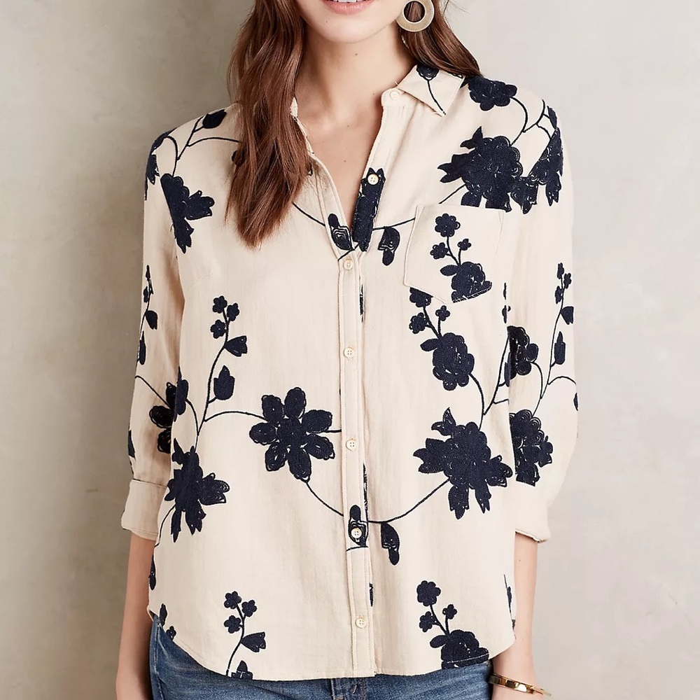 Anthropologie Isabella Sinclair Embroidered Shadowbloom Buttondown Floral Top